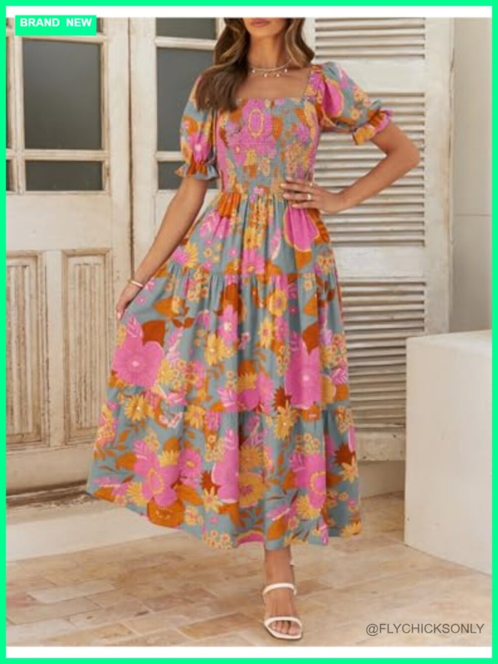 Boho Floral Print Square Neck Ruffle Swing Beach Maxi Dress - Picture 4 of 7